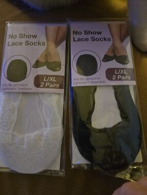 No Show Lace Socks L/XL 2 Pairs - White & Black